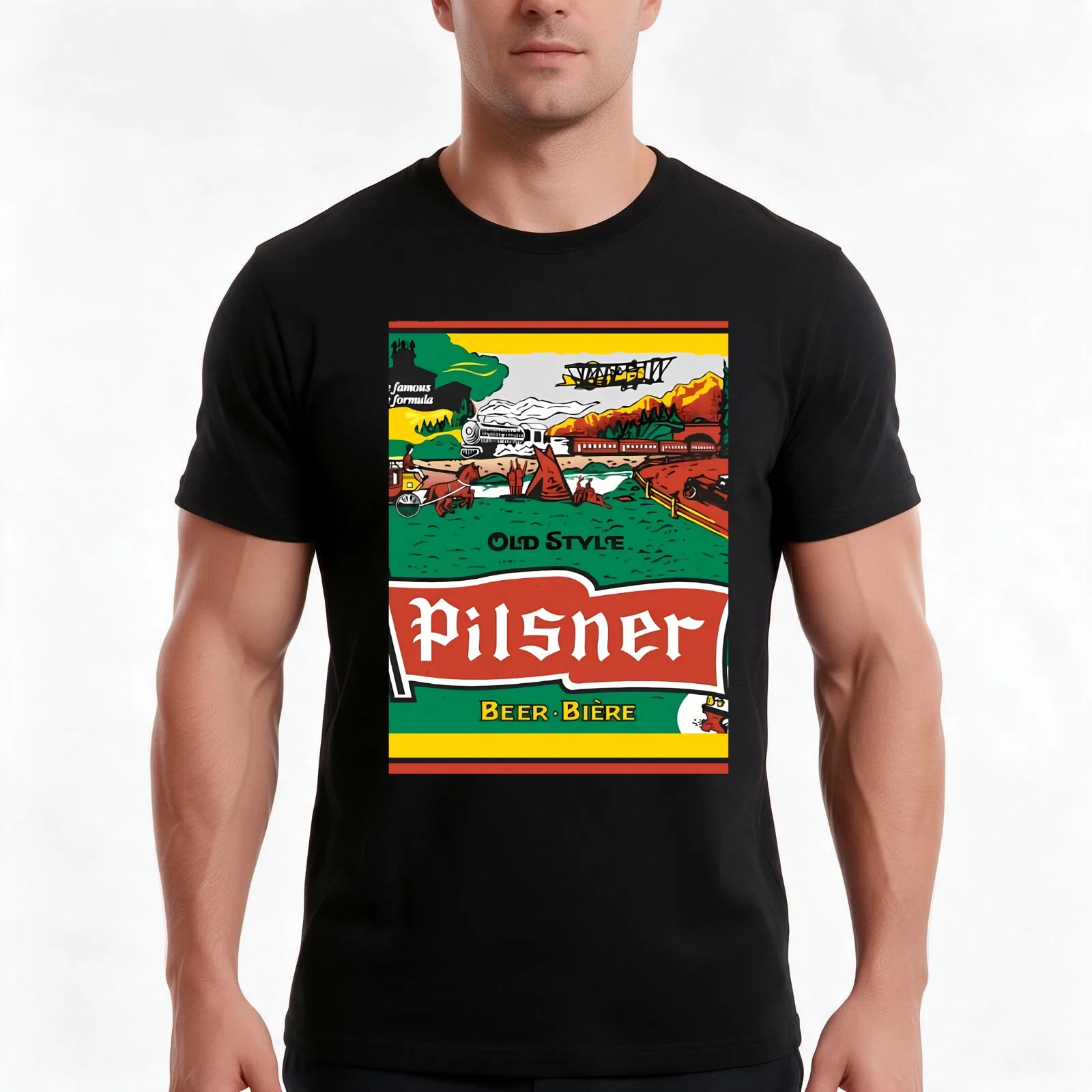 Pilsner Label T-Shirt, Summer Casual Cotton Tee, Oversized Streetwear Tops, Vintage Graphic Print, Loose Fit Short Sleeve