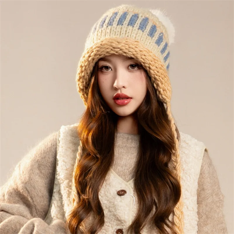 Women's autumn/winter spliced knitted hat. Pullover with long rope and pompom. Warm for outdoor. Knitted wool.