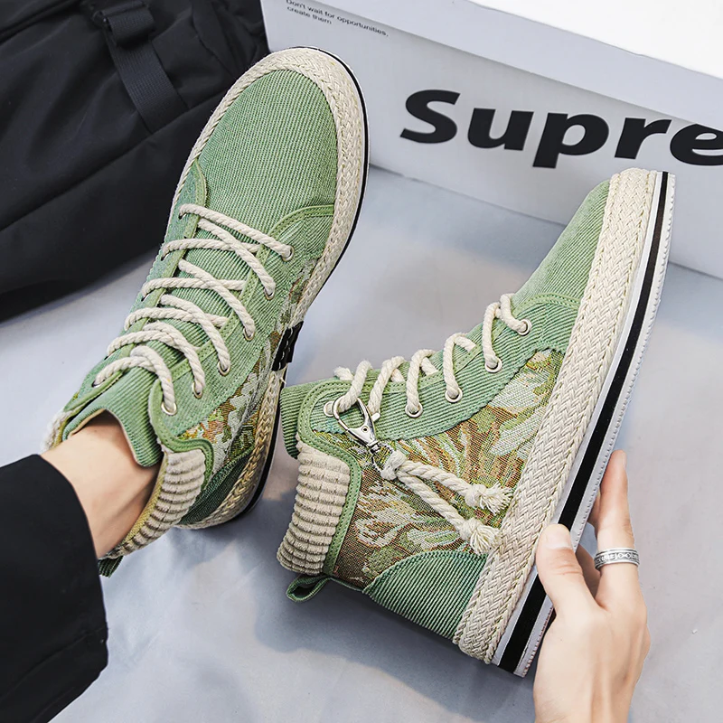 High Top Canvas Men's Shoes Corduroy Linen Sports Casual Thick Bottom Heightening Board Shoes Trendy Shoes for Youth