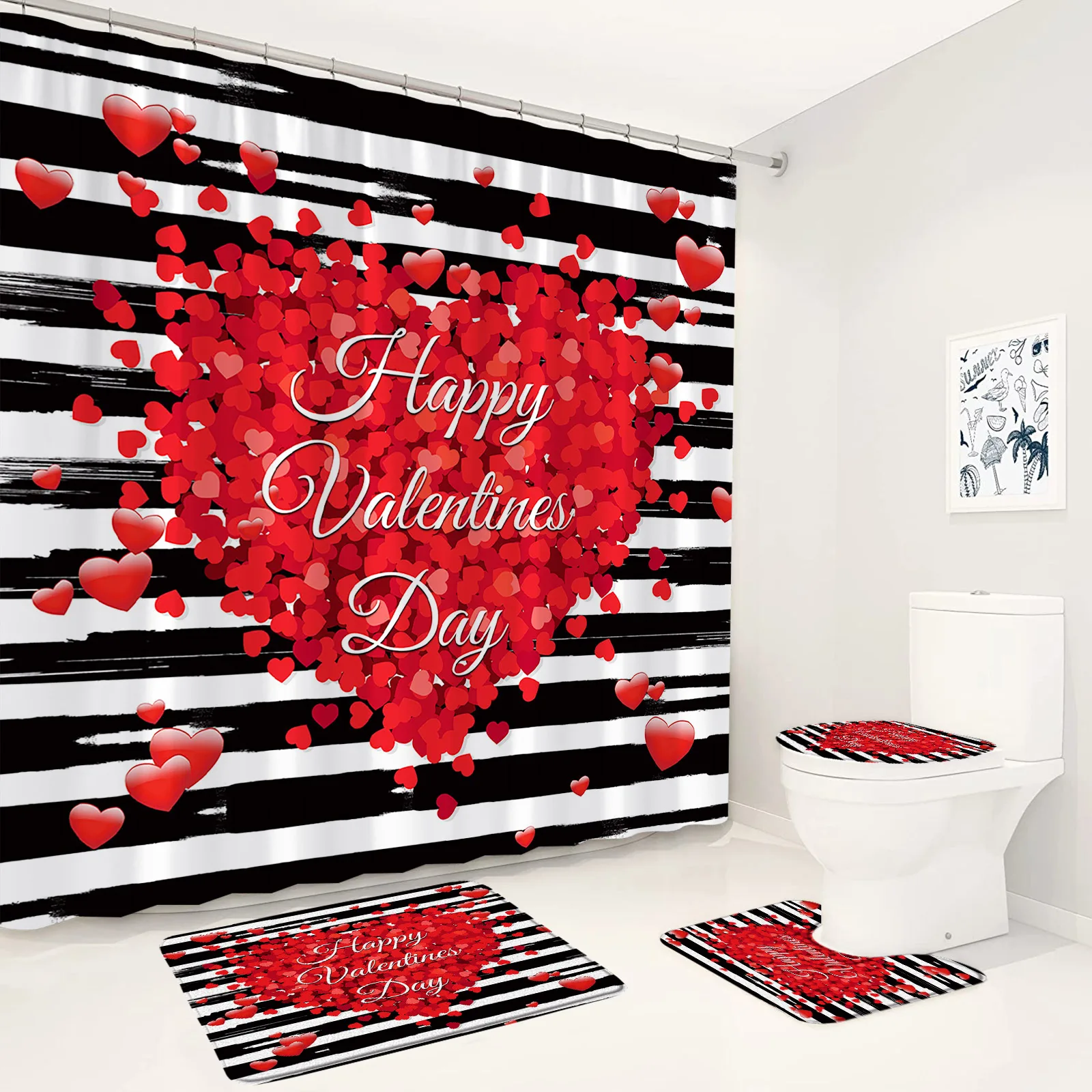 Valentine's Day Shower Curtain Set Red Heart Balloon Rose Black White Stripes Bathroom Decor Non-Slip Rug Bath Mats Toilet Cover