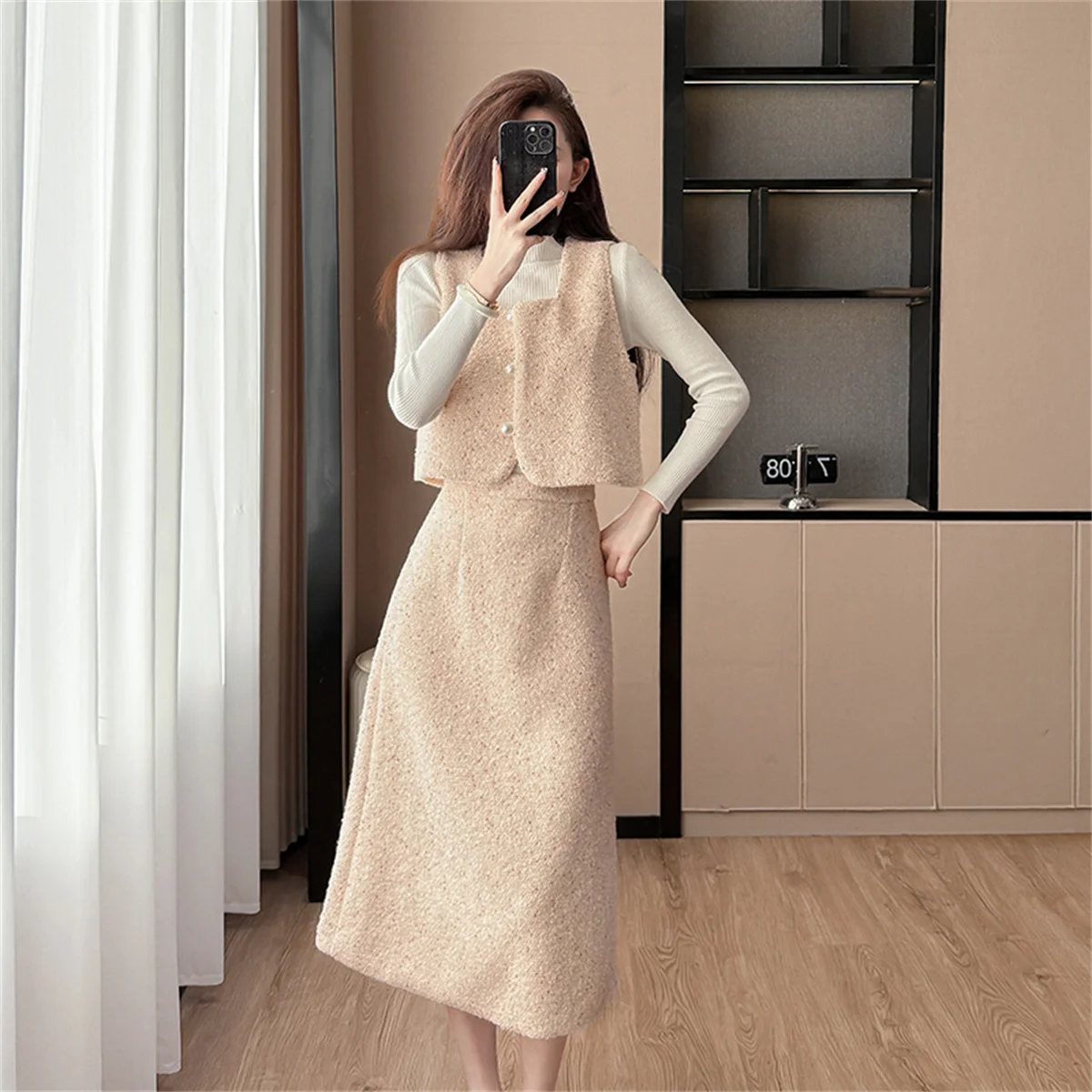 

High Quality French Luxury Tweed 2 Piece Set Women Sleeve Tank + Midi Skirt Sets Conjuntos Femininos Fashion Two Piece Outfit