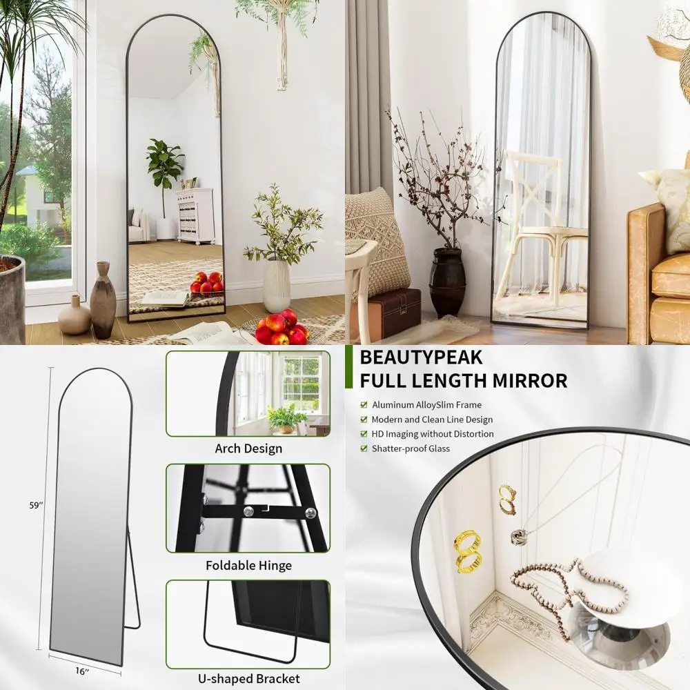 フルレングスアルミフレーム壁掛けミラー - 59x16インチ BEAUTYPEAKアーチデザイン、寝室やドレッシングルームに最適