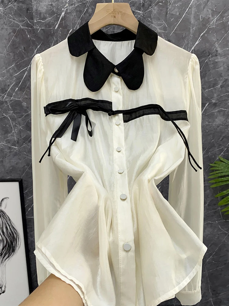 

Design Aesthetic Doll Collar Shirt Women's Top Color Block Asymmetrical Knot Long Sleeve Pure Color Commute Style Spring Fashion