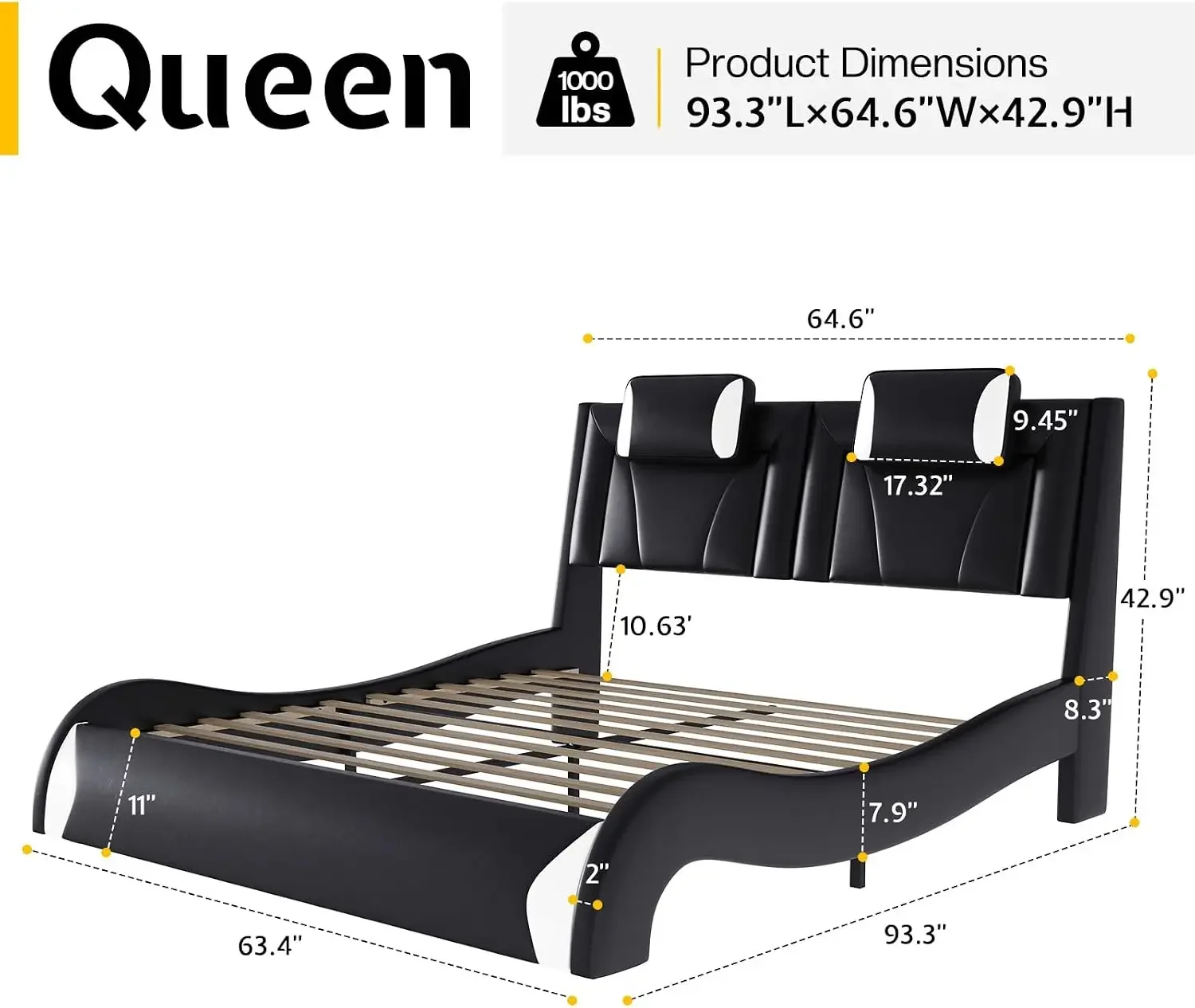 Queen LED Bed Frame/Faux Leather Headboard/Wave Design, Black | LED Lights,Faux PU Leather Upholstered,Headrest Headboard,Wave-L