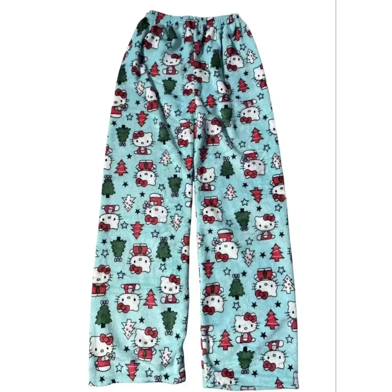 Hello Kitty Christmas Flannel Pajama Pants Women Blue Tree Star Print Plush Sleepwear Warm Home Lounge Trousers
