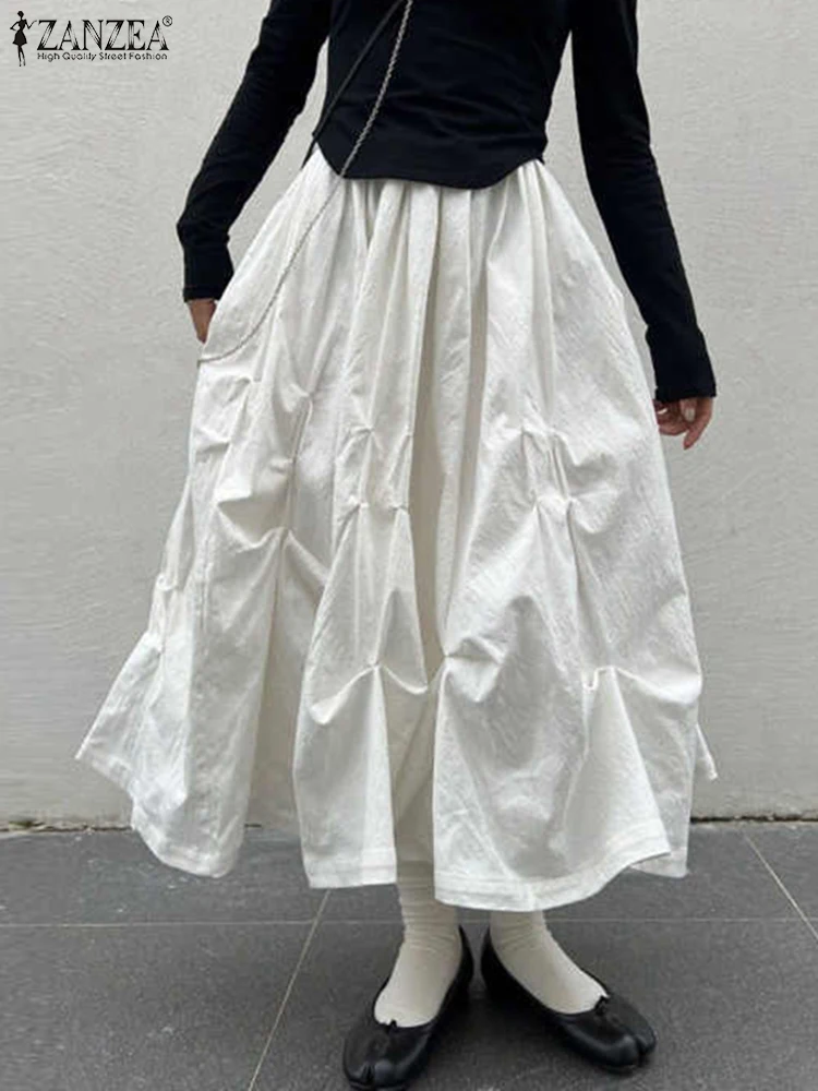 ZANZEA Autumn Women Pleats Skirts Party Solid Color Ball Grown Jupes Long Maxi Skirts Korean Elastic Waist Irregular Overskirt