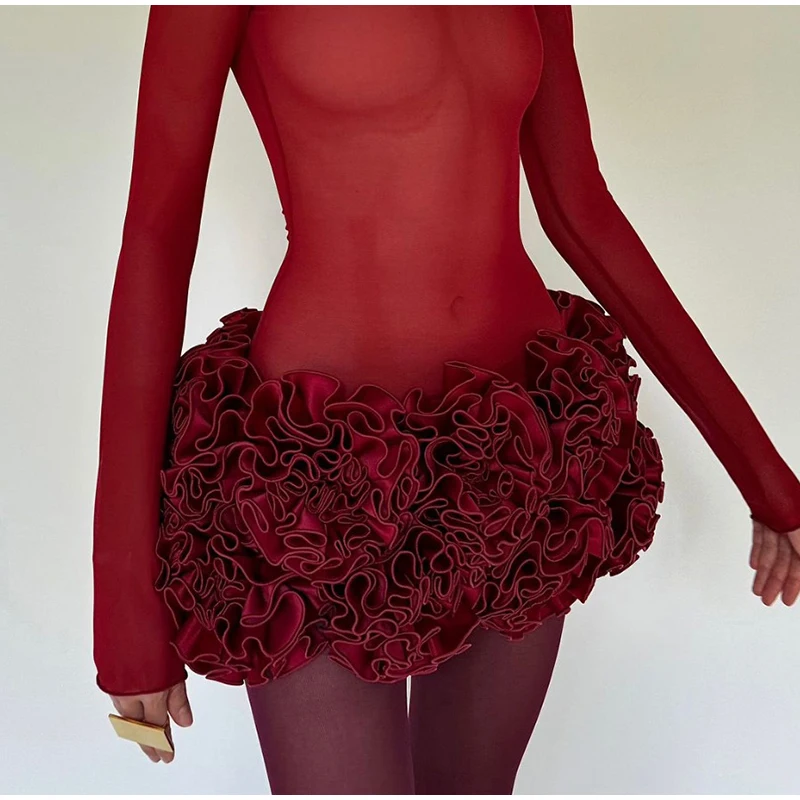 Sexy Strapless Red 3D Flowers Dress Outfits Women Bandage Backless Tube Top Mini Skirts Lady Celebrity Party Cocktail Skirt Suit