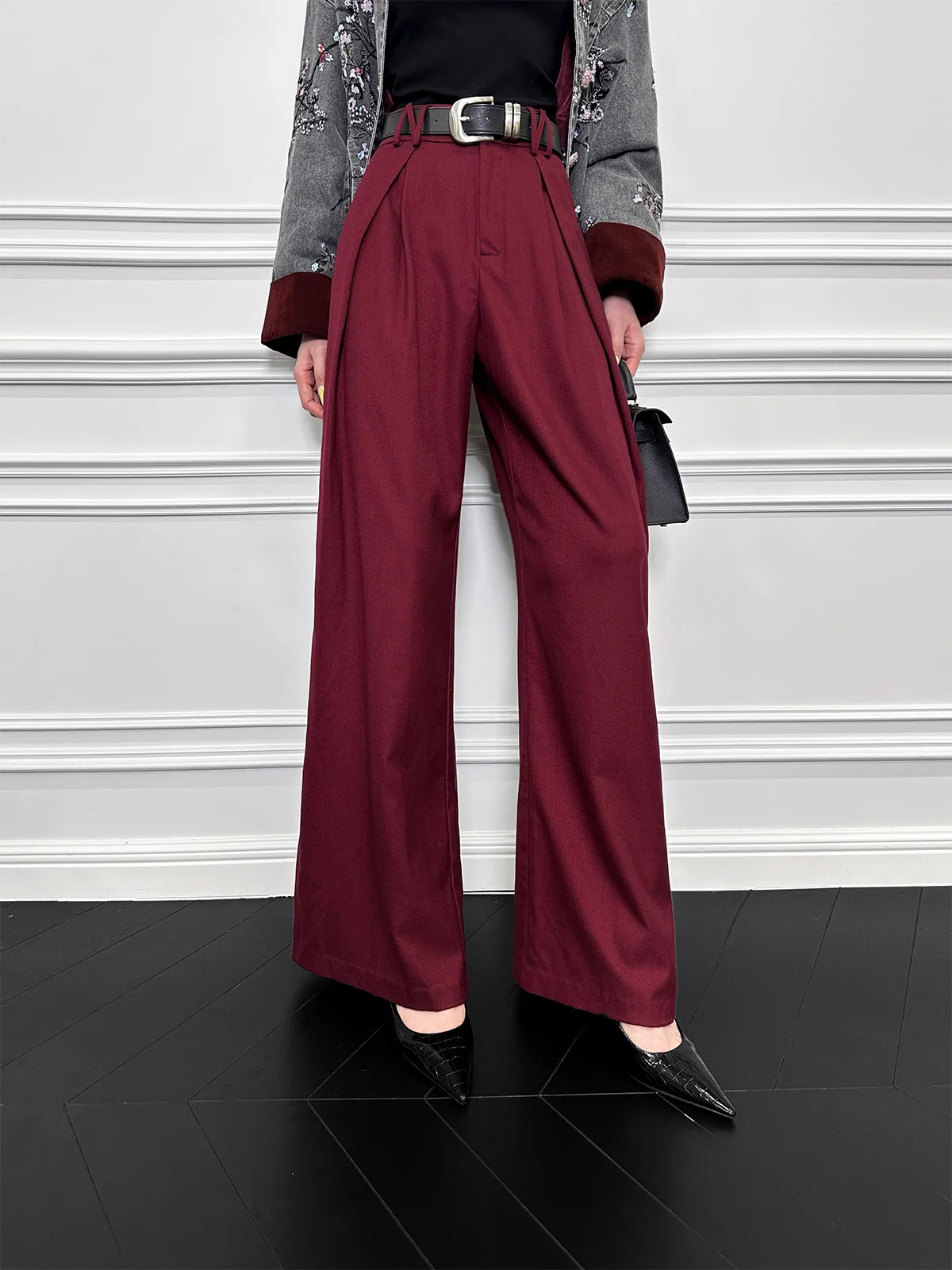 

Ele American Sle Straight Leg Pants with Belt Faionable Versatile Design Slimming High Waist Wool Blend Casual Trouse...