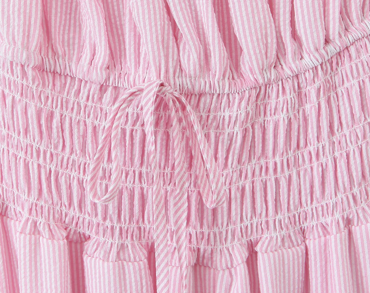 보헤미안 스트라이프 리본 주름 장식 가슴 리본 U넥 퍼프 소매 드레스 탄력있는 하이웨이스트 플리츠 스윙 미디 롱 드레스 휴가용 베스티도스