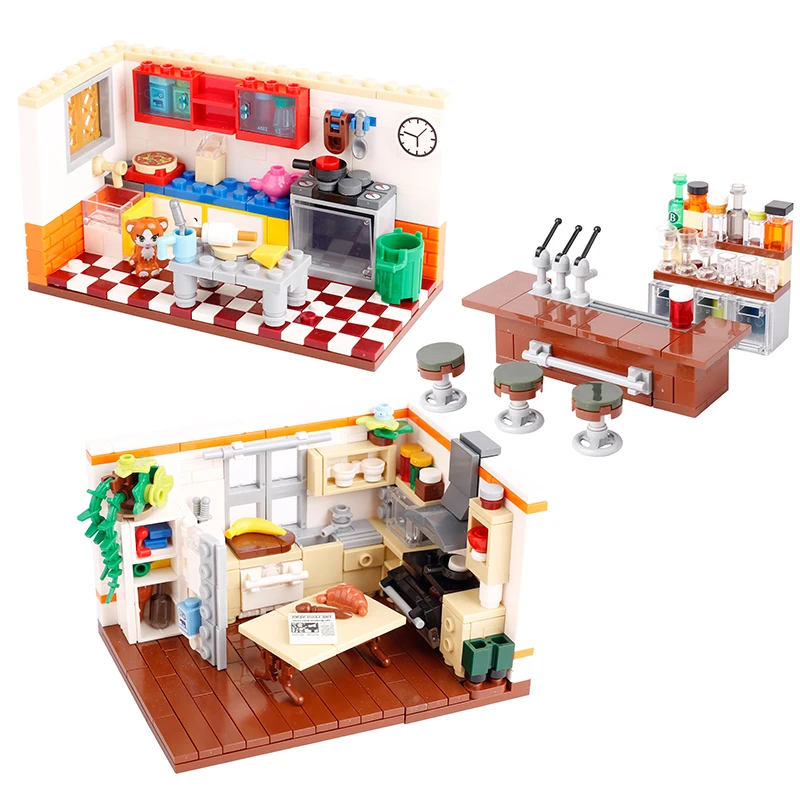 MOC City House Kitchen Room Building Blocks Kit utensili da cucina stufa cappa da cucina armadio da Bar bancone da Bar mattoni giocattoli regalo