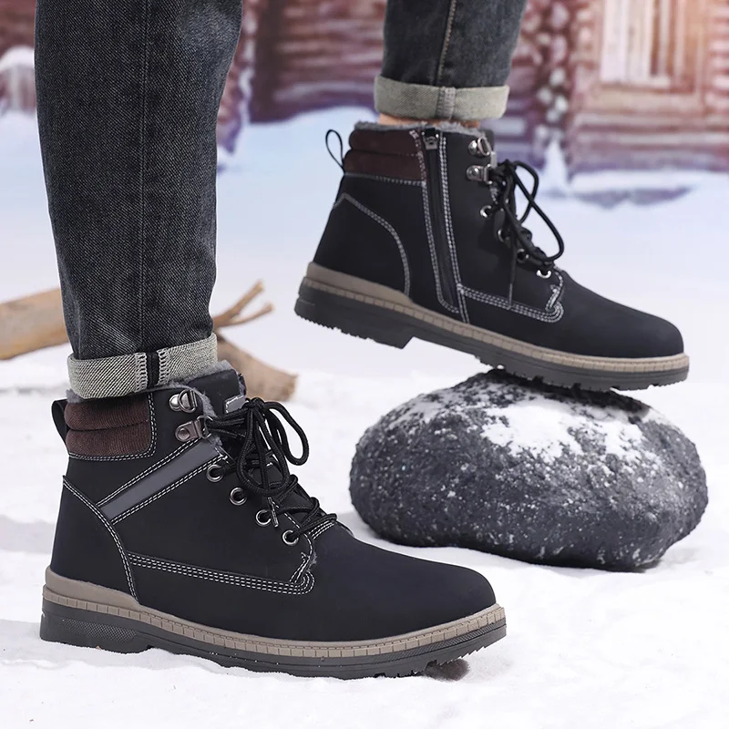Botas de nieve para hombre, ideales para el invierno, con forro de piel, cálidas, de algodón, impermeables, de cuero, tipo zapatillas deportivas, antideslizantes, para actividades al aire libre, botas de senderismo para hombre, calzado de trabajo.