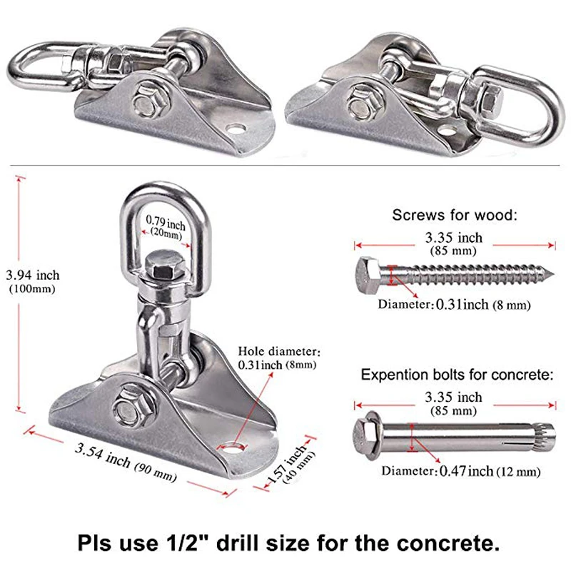 304 Stainless Steel Swing Hanger Swivel Hook for Yoga Playground Swing Sets Porch Wood Concrete Ceiling Silent 1000 Lb Capacity