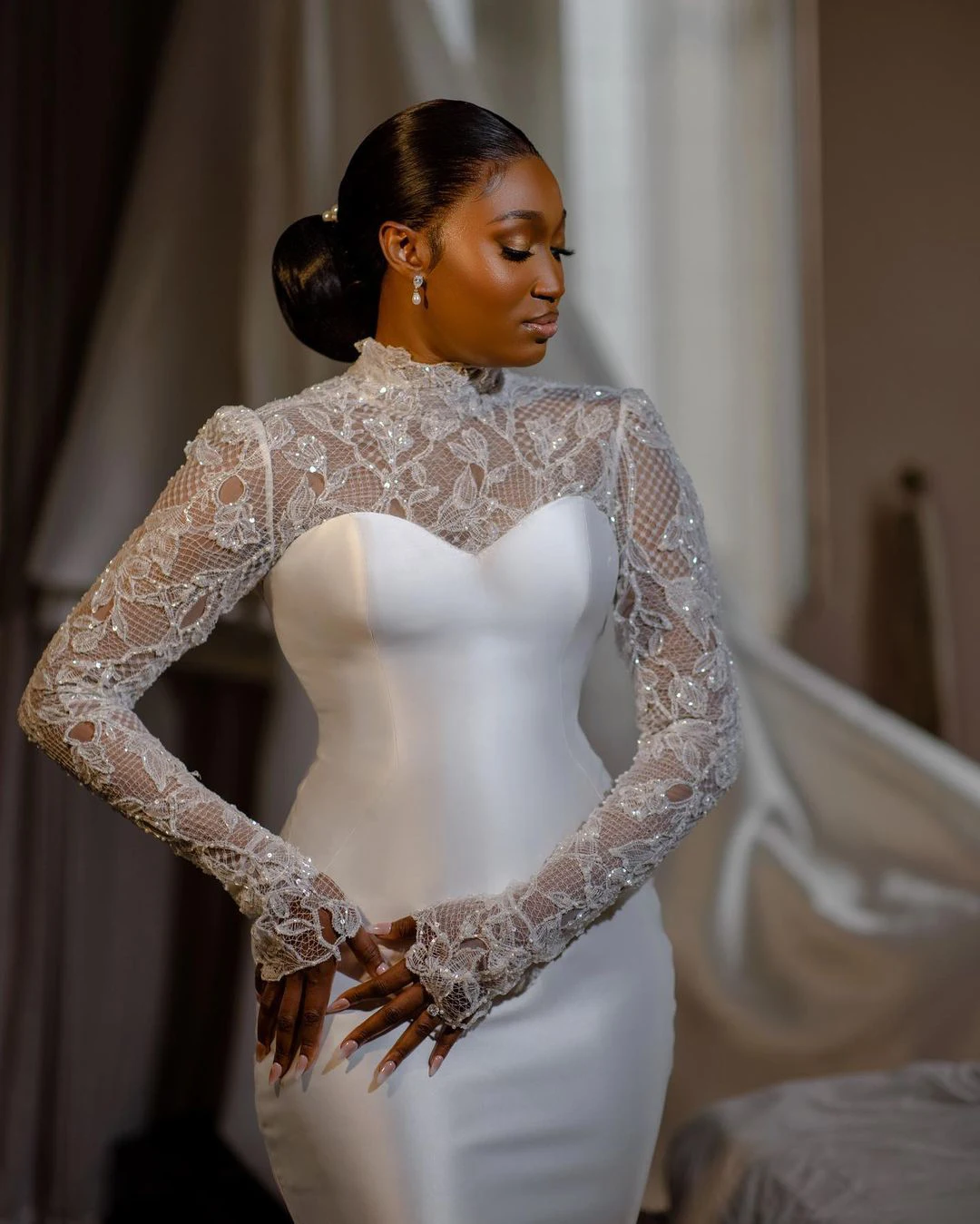 Charming Satin Mermaid Wedding Dress Illusion Top Dubai Arabic Long Sleeve Lace Bridal Gowns Saudi Vestido De