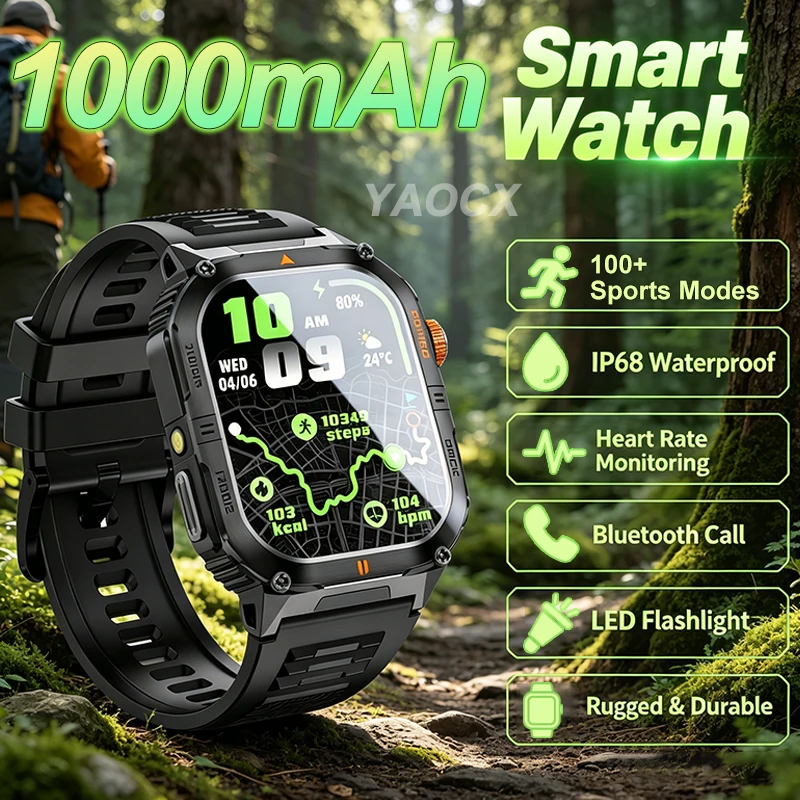 

Rugged Outdoor Sports Smart Watch 1000mAh 100+ Sports Modes IP68 Waterproof Fitness Tracker with LED Flashlight Men Smart Watch