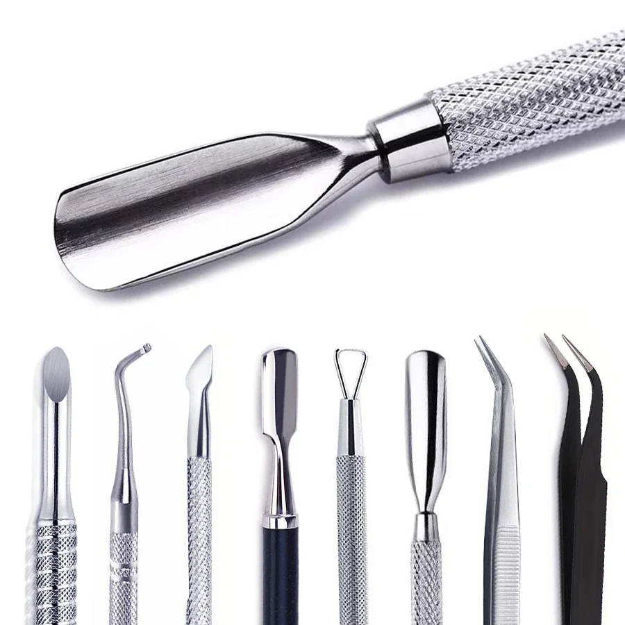 أداة دفع للبشرة من الفولاذ المقاوم للصدأ ذات نهاية مزدوجة، ملاقط، مزيل دفع الجلد الميت لأداة العناية بتنظيف الأظافر والباديكير