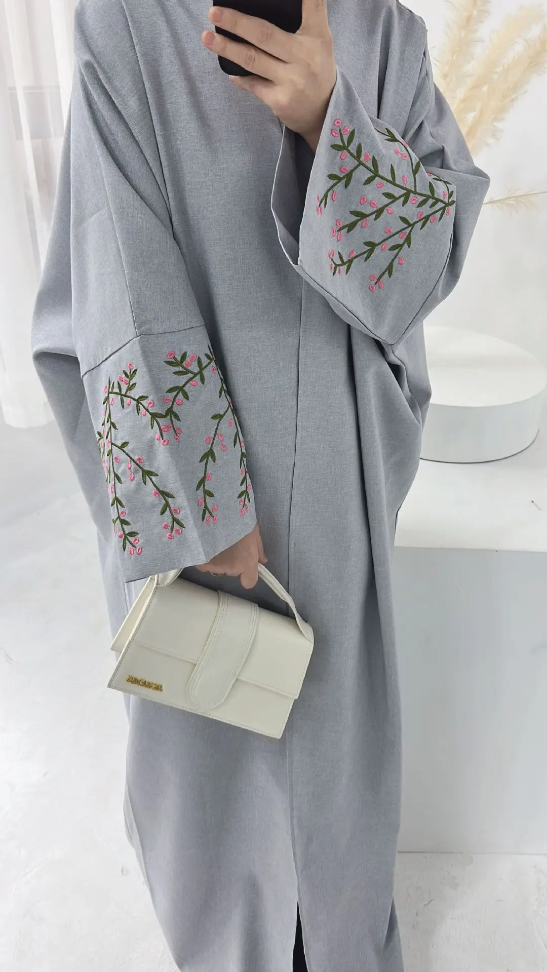 

Cotton Linen Open Abaya with Embroidery Sleeves Kimono Muslim Abayas for Women Dubai Luxury Turkey Islamic Clothing Kaftan Robe