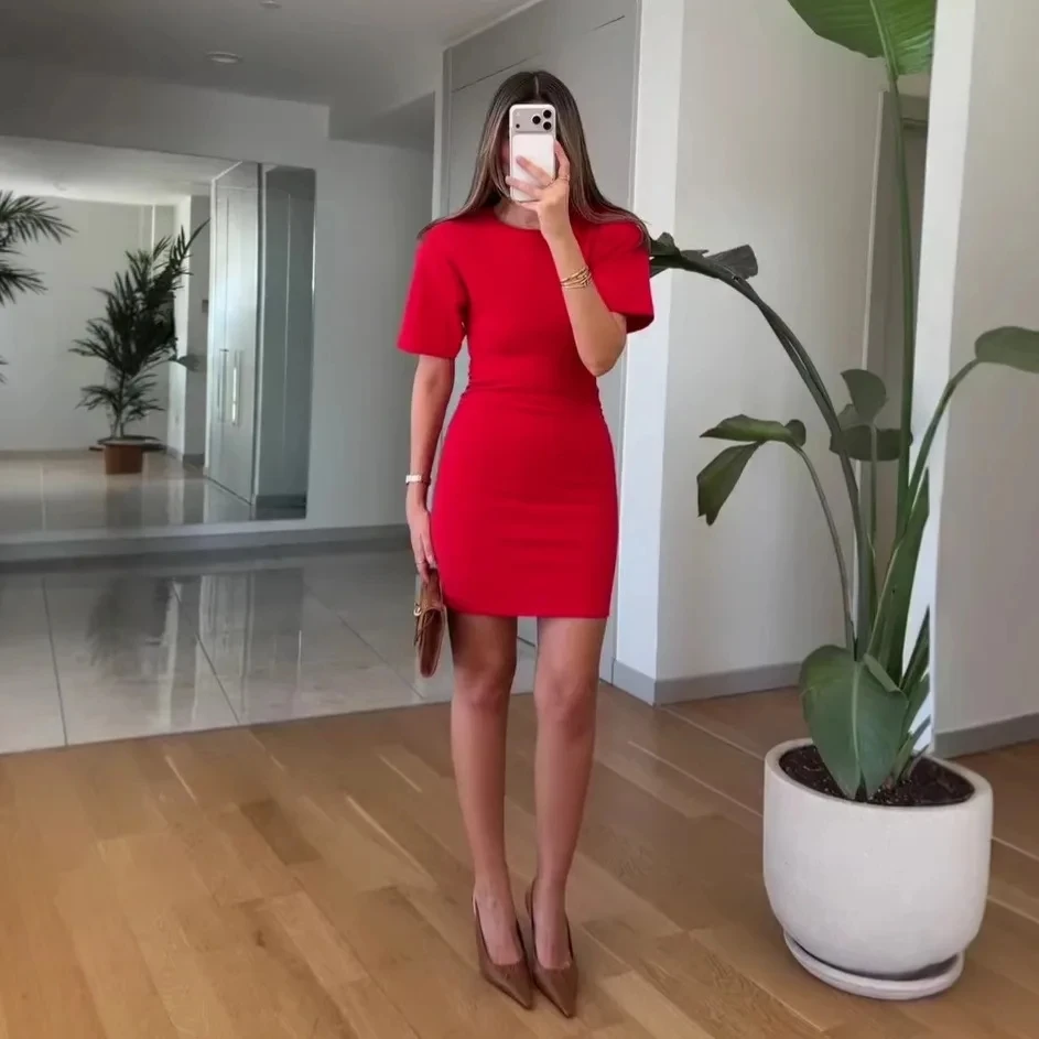 

2026 Spring Summer New Fashion Elegant Desin Pure Color Short Sleeve Bodycon Mini Dress Women