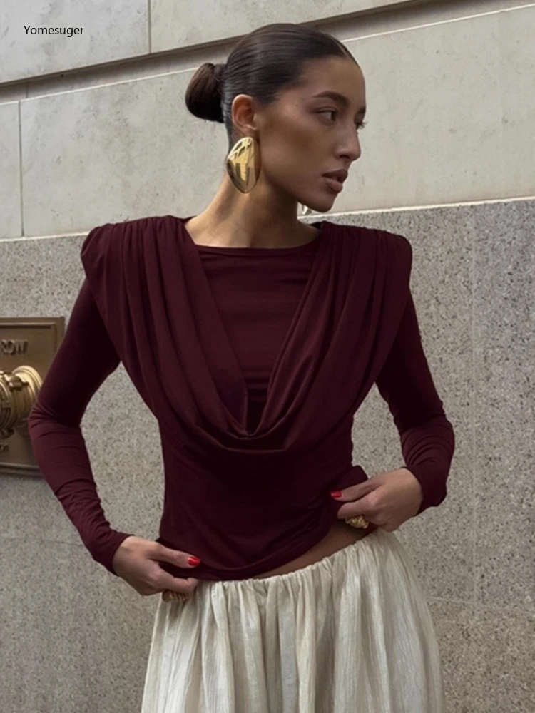 

Yomesugar шикарные женские футболки с драпировкой на шее, новинка 2025, зимняя мода, тонкие топы с круглым вырезом и длинными рукавами, элегантная офисная женская повседневная одежда