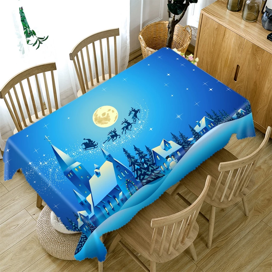 Santa Rectangle Dining Table Tablecloth Blue Christmas Eve New Year\'s Tablecloth Home Party Antifouling Decorative Accessories