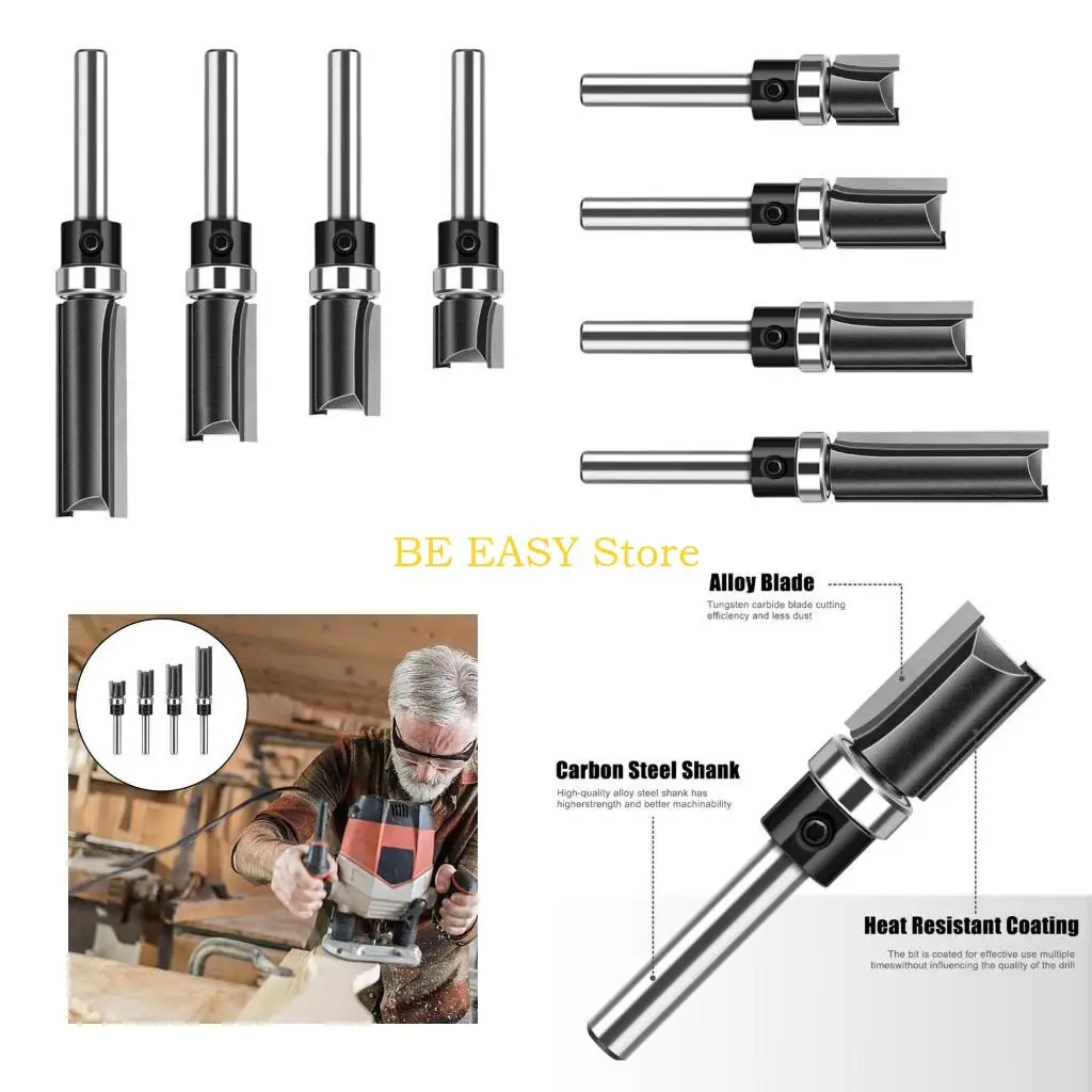 

E28F 4Pcs 1/4inch Shank Straight Bit Woodworking Flush Trim Routers Bit Bearing Milling Cutter for Woodworking Crafting