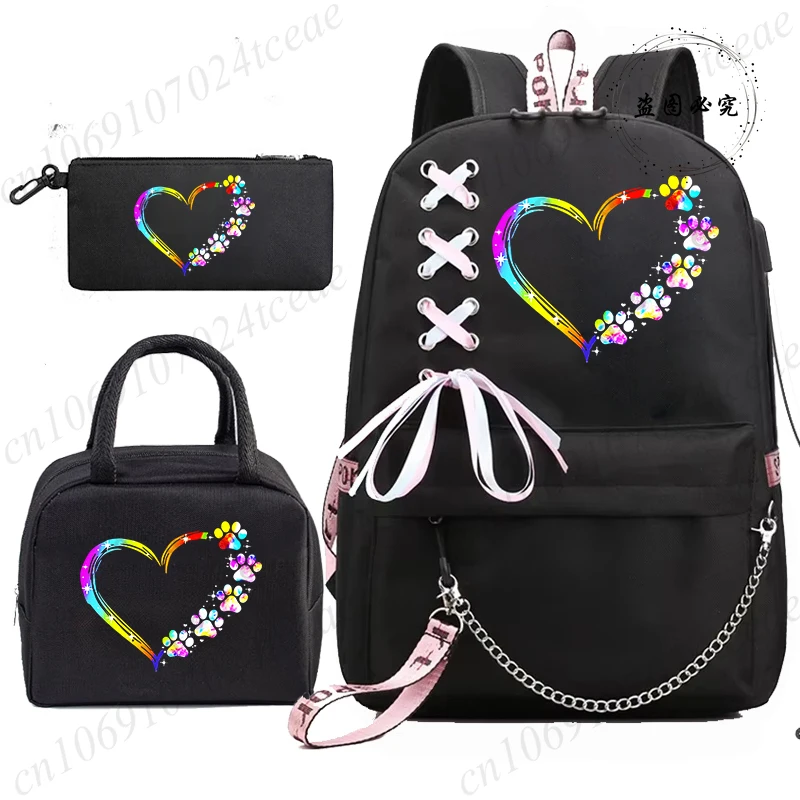 

Fashion Bagpack Back To School Backpack Bags Colorful Paw Heart Anime Students College Backpack with Lunch Bag Mochila Bookbag