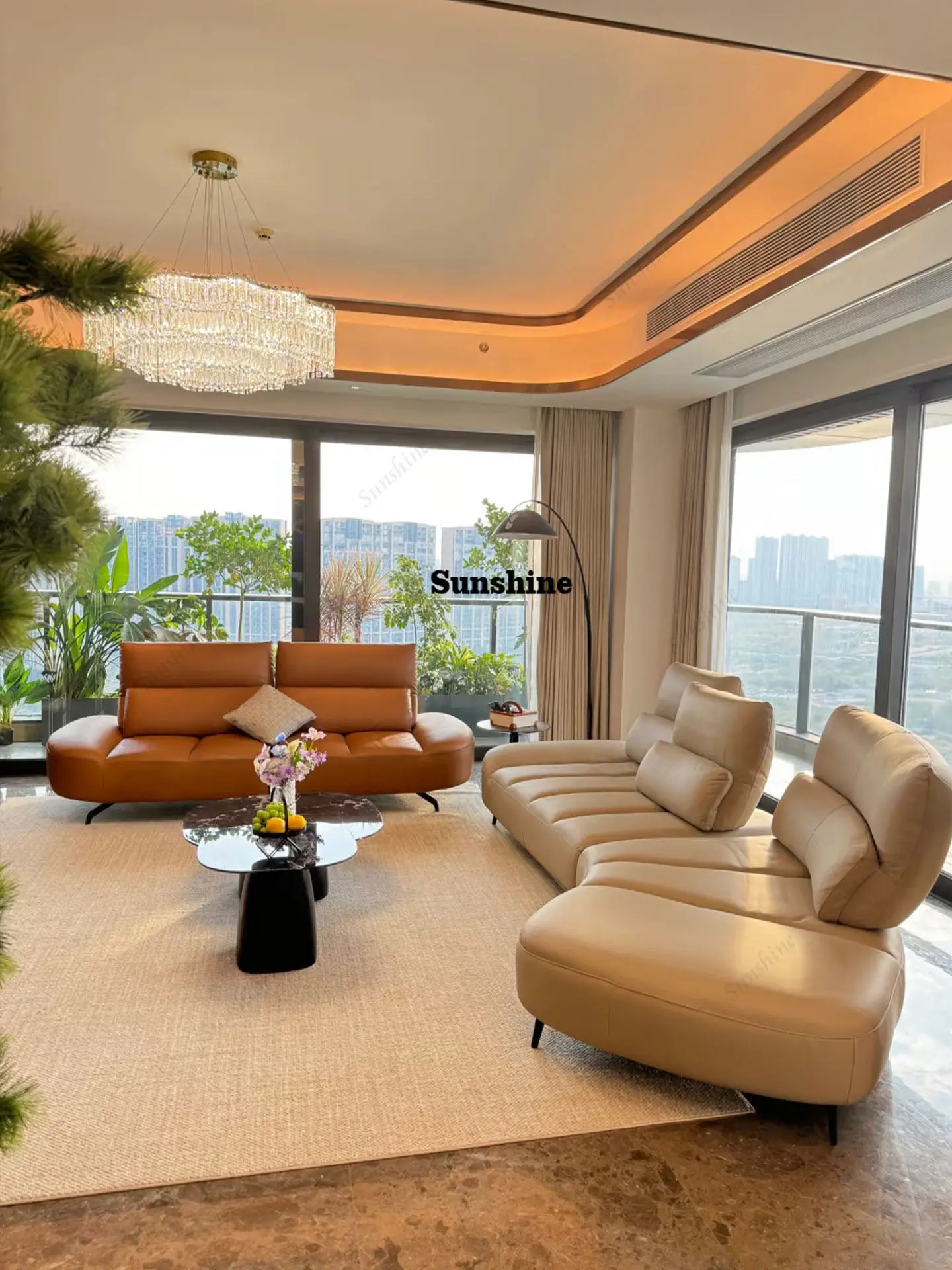 Curved leather sofa Italian minimalist backrest can be adjusted front and back to the horizontal hall