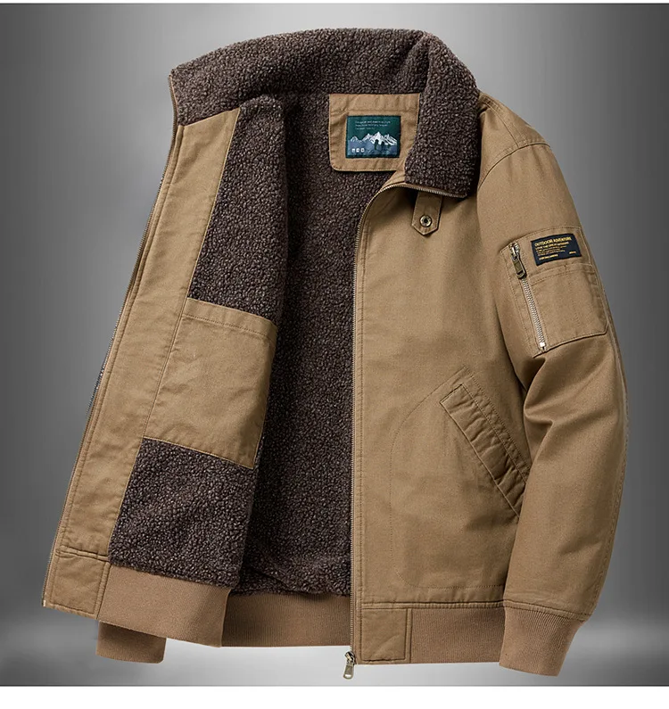 Men Lapel Pilot Workwear Cotton Coat Men Full Cotton Lamb Fleece Thick Parkas Men Oversize Casual Thermal Top Fur Collar Parkas
