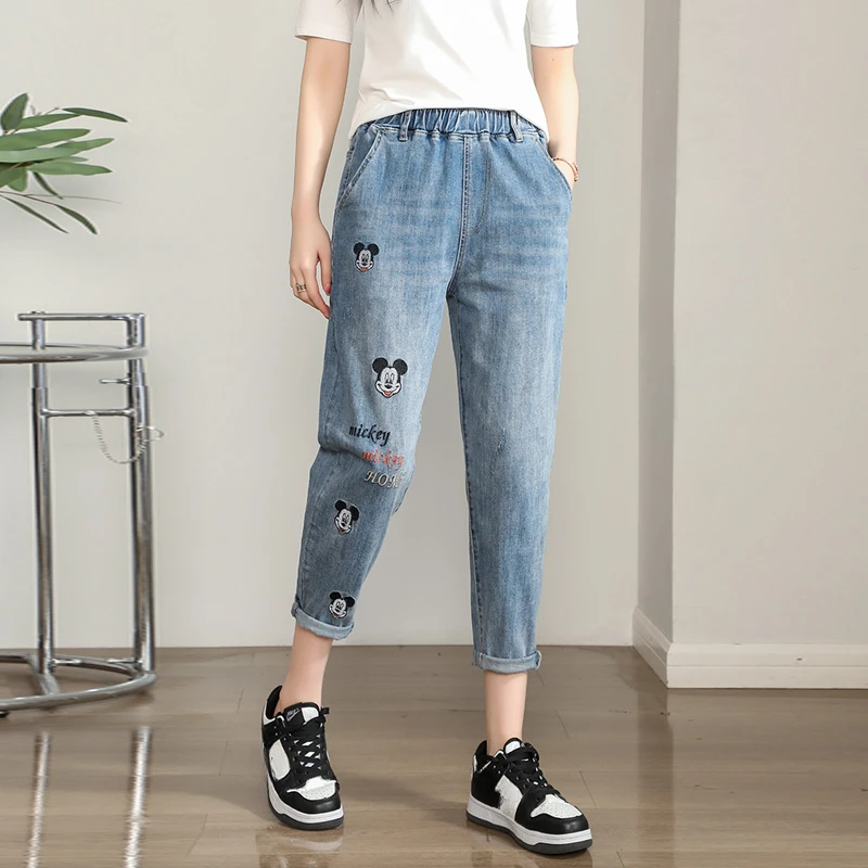 Elastic High Waist Harem Jeans Women\'s Summer Thin Cropped Loose Slim Fit Embroidery Oversize Denim Daddy Pants Female