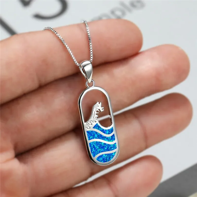 Vintage Blue Color Sea Wave Opal Pendant Necklace Chain Wave Necklaces For Women Custom Jewelry