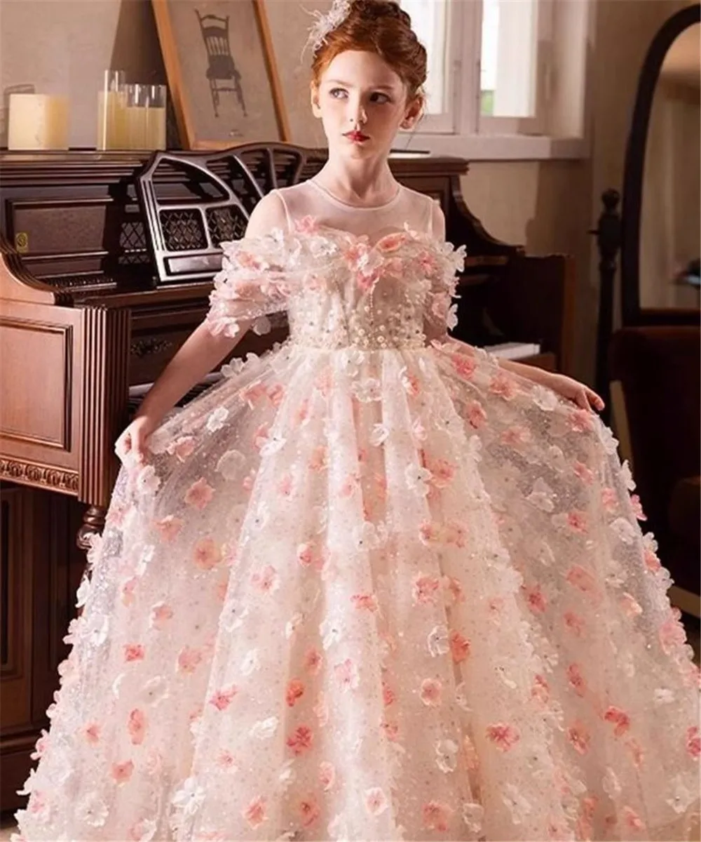 Abito da ragazza di fiore lilla di lusso Mezza manica Fiori 3D per bambini Abito da ballo per principessa, spettacolo di nozze, festa di compleanno