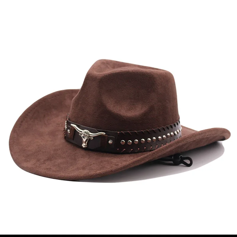 Western cowboyhoed met stierenkopnieten, gebogen rand, winddicht koord en vilt, geschikt voor buitenritten en jazzhoeden.