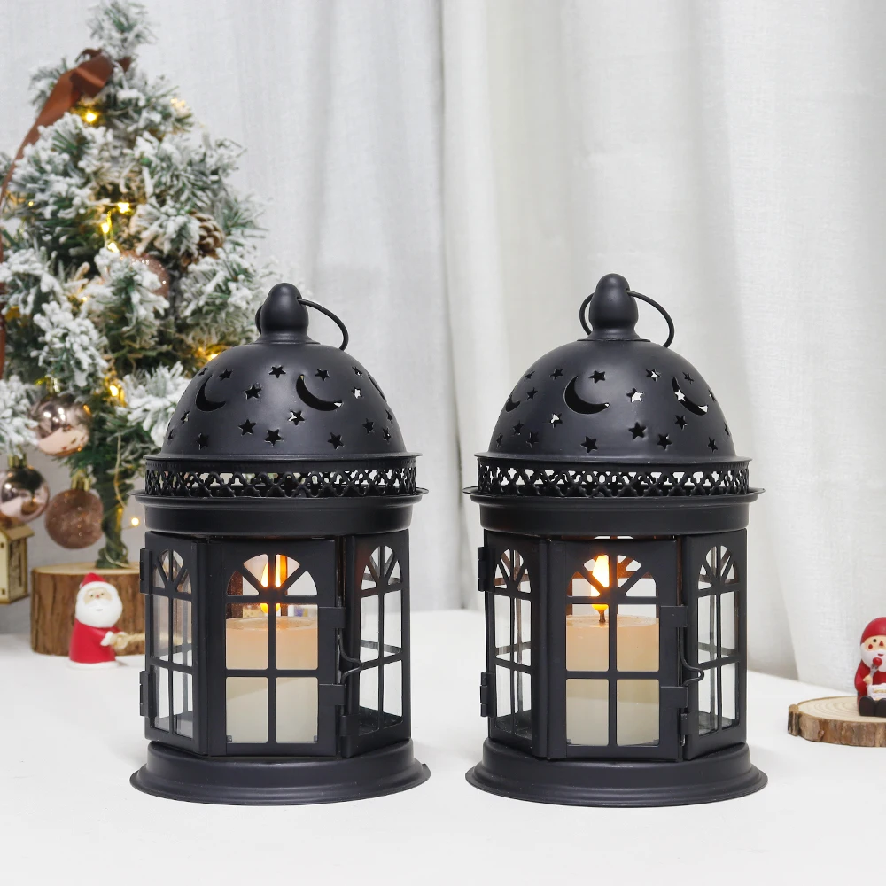 2Pcs Vintage Metal Candle Holder Lanterns Decorative Lanterns Hanging Star Moon Lantern for Indoor Outdoor Weddings Home Decor