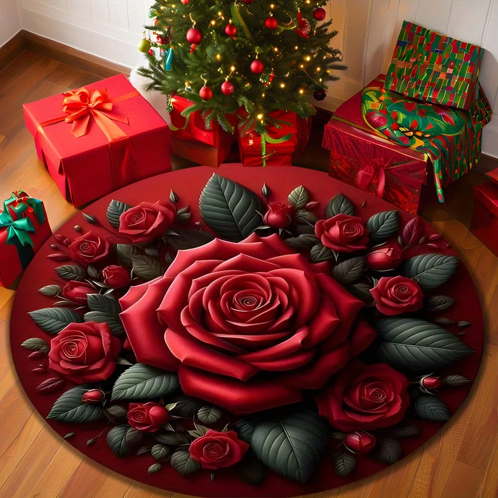 Elegant Red Rose Floral Print Round Cushion Mat Soft Sponge Accent Rug for Home Bathroom Decor Vanity Table Entrance Doormat