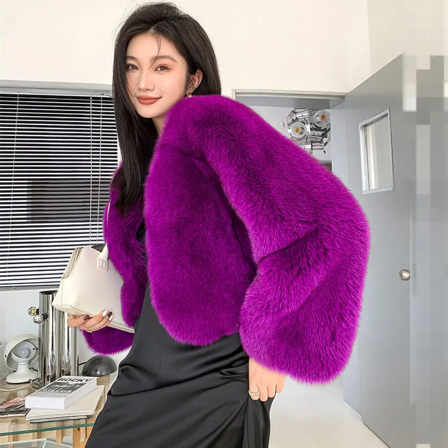 Noble Violet Fox Fur Coat Women Winter Warm Fashion Luxury Outertwear Complete Skin Purple Real Fur Jacket Lady