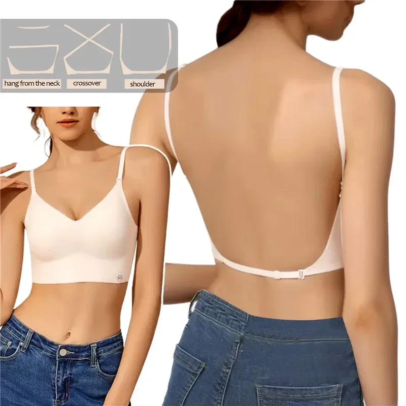 

2024 Summer Thin Sexy U-shaped Back Lingerie Female Inner Wear Undershirt Without Trace Backless Triangle Cup Polymerization Bra