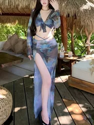 Hotsweet Fransız Tarzı Tatil Mayo 2024 Yaz Kadın Yeni Seksi Baharatlı Kız Batik Bikini Dört Parçalı Set Slim Fit Bölünmüş Etek