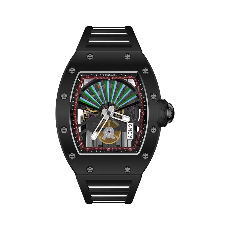 

CRONUSART Men Automatic Watch Tonneau Mechanical Wristwatch Sapphire Mirror Luminous FKM Strap Skeleton Fan Face Dial