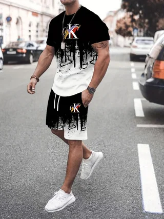 Men's sports suit, casual suit, fashionable letter printed round neck short sleeved T-shirt, men's loose drawstring pocket short