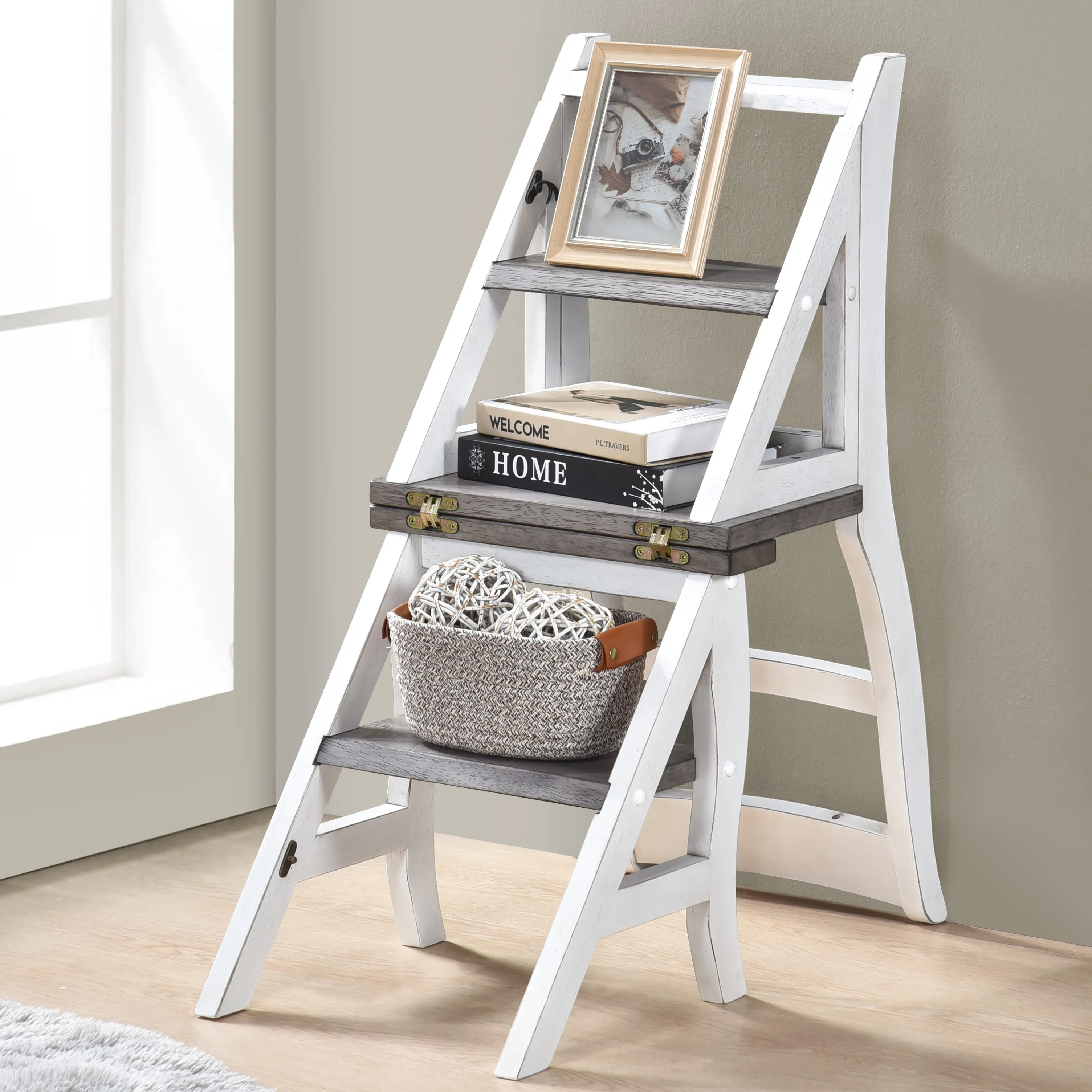 Solid Wood Foldable Ladderchair Dual Purpose Stepladders Step Display Stand Flower Stand forHome,Library,Kitchen