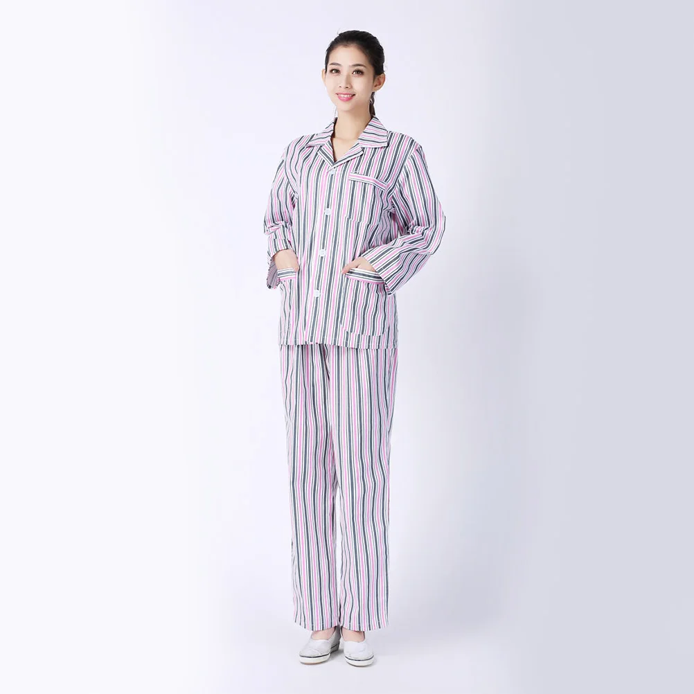 Pijamas de algodão femininos manga longa confortável roupas hospitalares rosa branco listra m pacientes acamados clássico gola entalhe