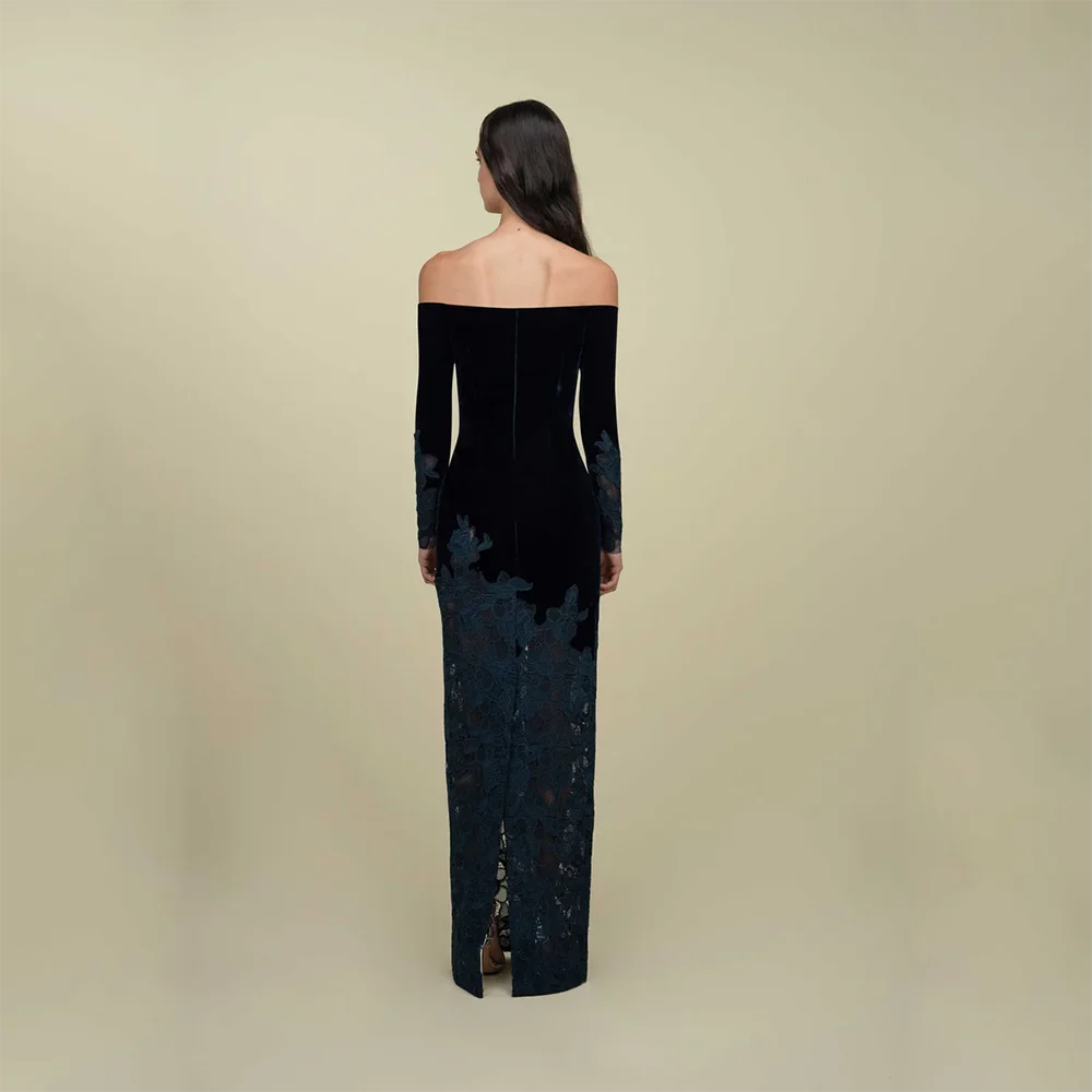 Einfache Abendkleider, schulterfrei, lange Ärmel, gerade geschnittene Abendkleider, bodenlange Ballkleider, Kleid nach Maß 2026 – Detail 2