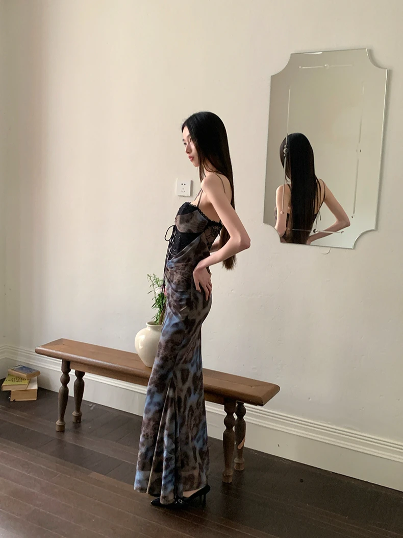 CHEERART Leopard Print Bodycon Long Dress 2025 Woman Summer Bandage Lace Tunics Ladies French Maxi Evening Dress Clothes