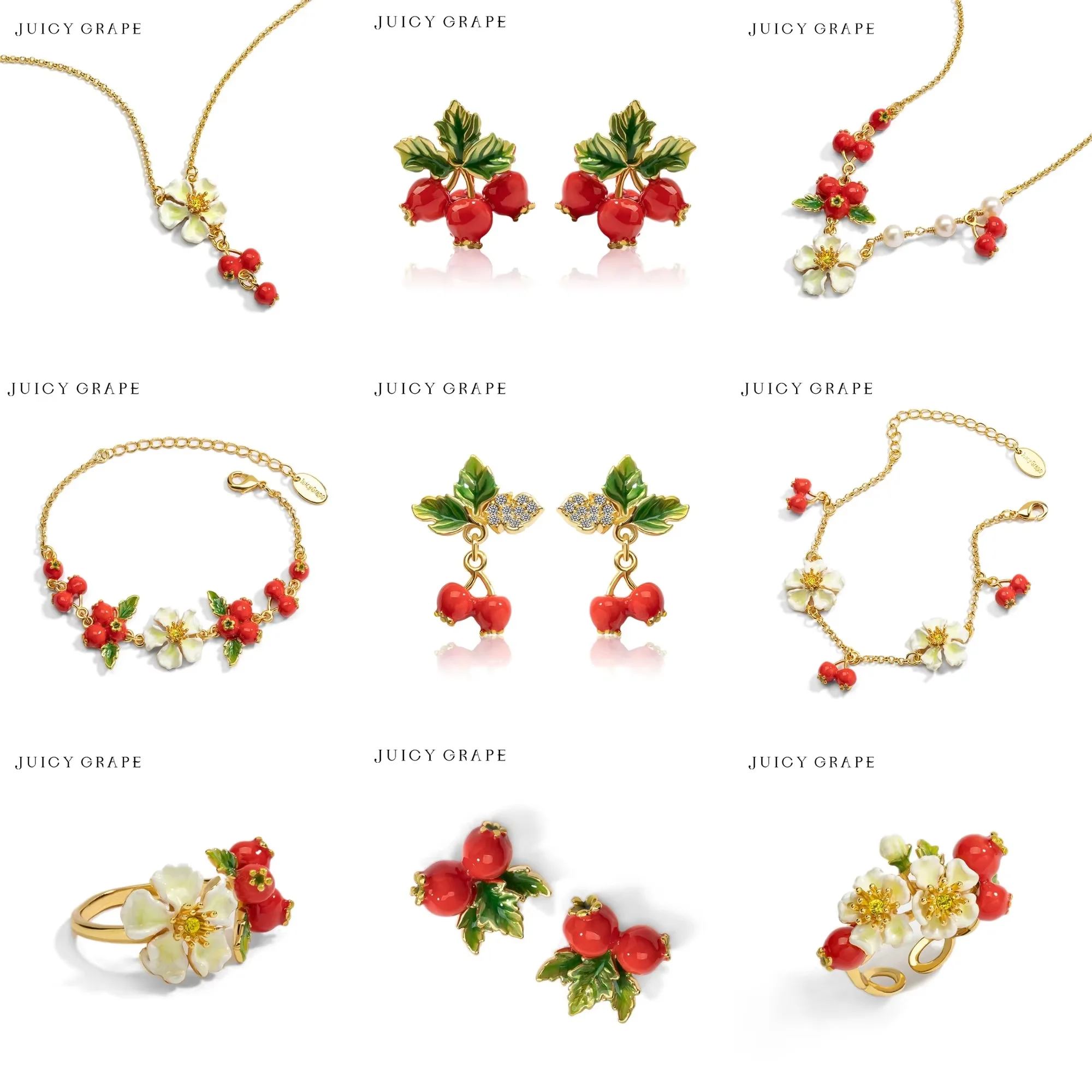 Juicy Grape Hawthorn Blossom Enamel Jewelry Set Bracelet Necklace Earrings Ring Exquisite Floral High Jewelry Gift for Women
