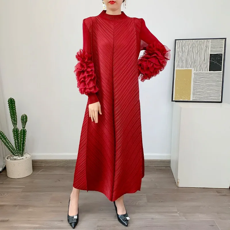 2023 Autumn New Style Long Sleeve Loose Plus Size Pleated Dress Retro Versatile Casual Long Neck Dress Robe Aesthetic Clothes