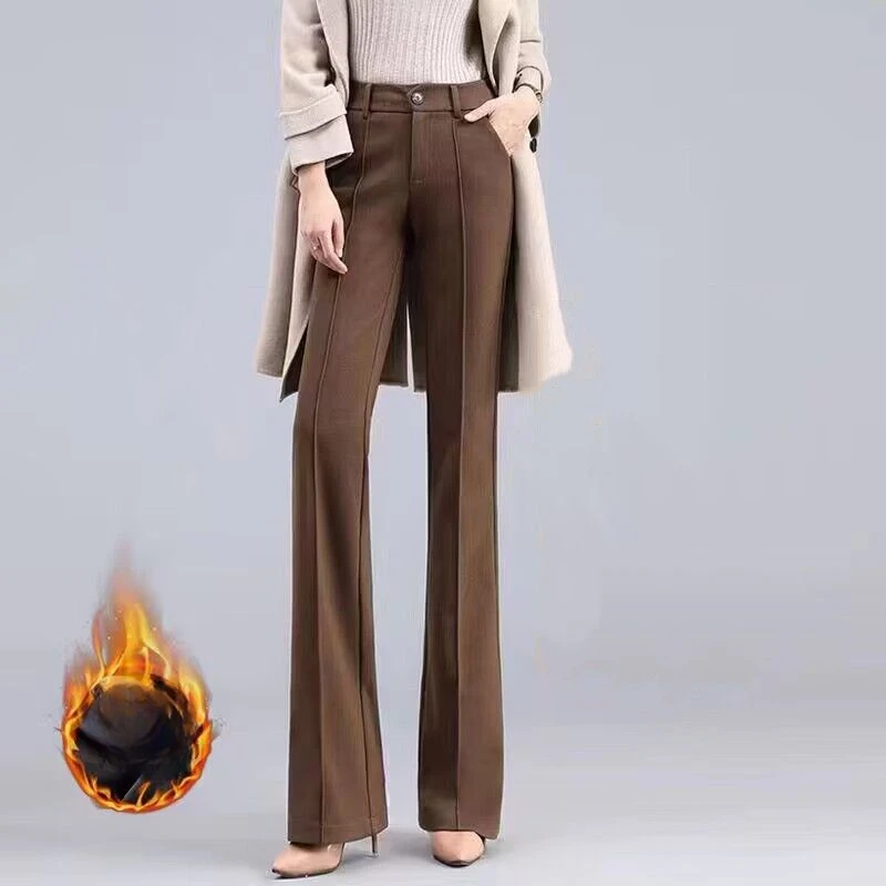 

2024 Women's Autumn Winter New High Waist Thick Pants Female Solid Color Flared Pants Ladies Long Casual Woolen Trousers O625