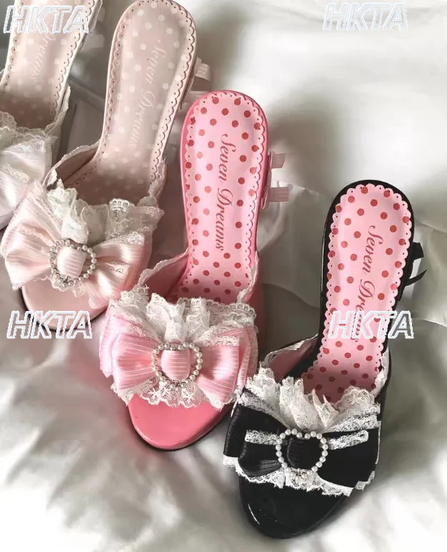 Japanese Mass Production Lace Bow Sweet Love Heel Sandals Half Drag 2026 Summer New Antique Lolita High Heel Sandals Shoes Women