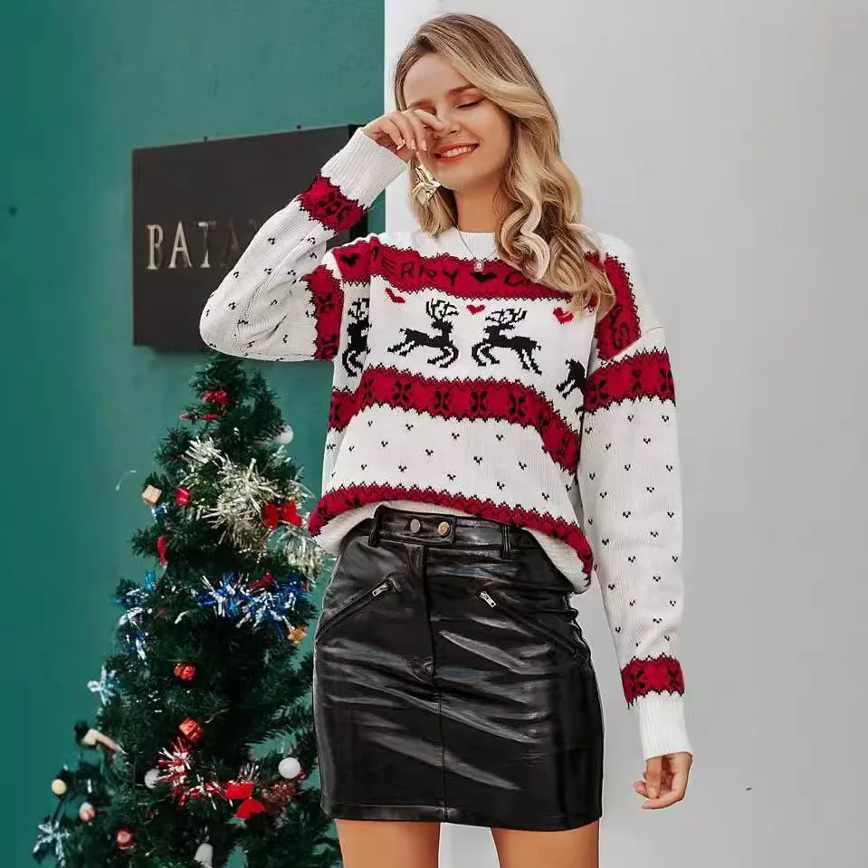 

Christmas Party Women's Sweater Autumn And Winter Fashionable Elk Print Round Neck Long Sleeve Knitted Casual Loose Sweater