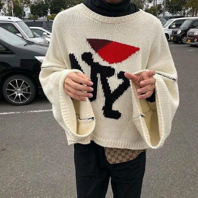 Harajuku love pattern knitted ugly sweater men letter punk rock black red gothic vintage grandpa sweater women cute pullover