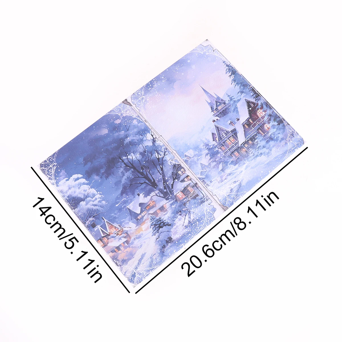 ロマンチックな雪のクリスマスをテーマにした紙、1パック8枚入り、家や雪の景色が描かれ、DIYスクラップブックの装飾に最適です。