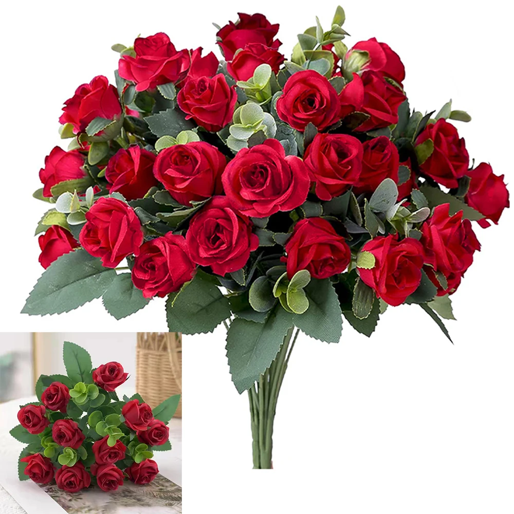 Artificial Flower Rose Red Eucalyptu Leaf Peony Bouquet 10Heads Fake Flower Wedding Home Decor Mother's Day Valentine's Day Gift